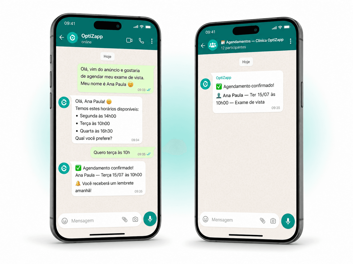 Inteligência Artificial do OptiZapp respondendo agendamento no WhatsApp e enviando para o grupo da clínica